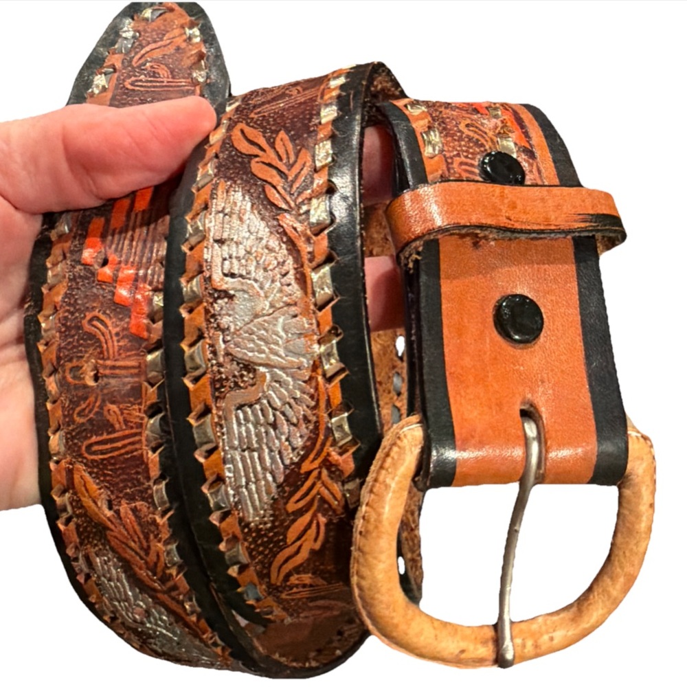 Vintage Western 3D Eagle Aztec BELT Cactus Embossed Brown LEATHER 34-38”HANDMADE